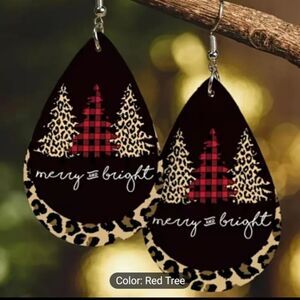 Christmas earrings trees leopard teardrop faux leather new e64‎